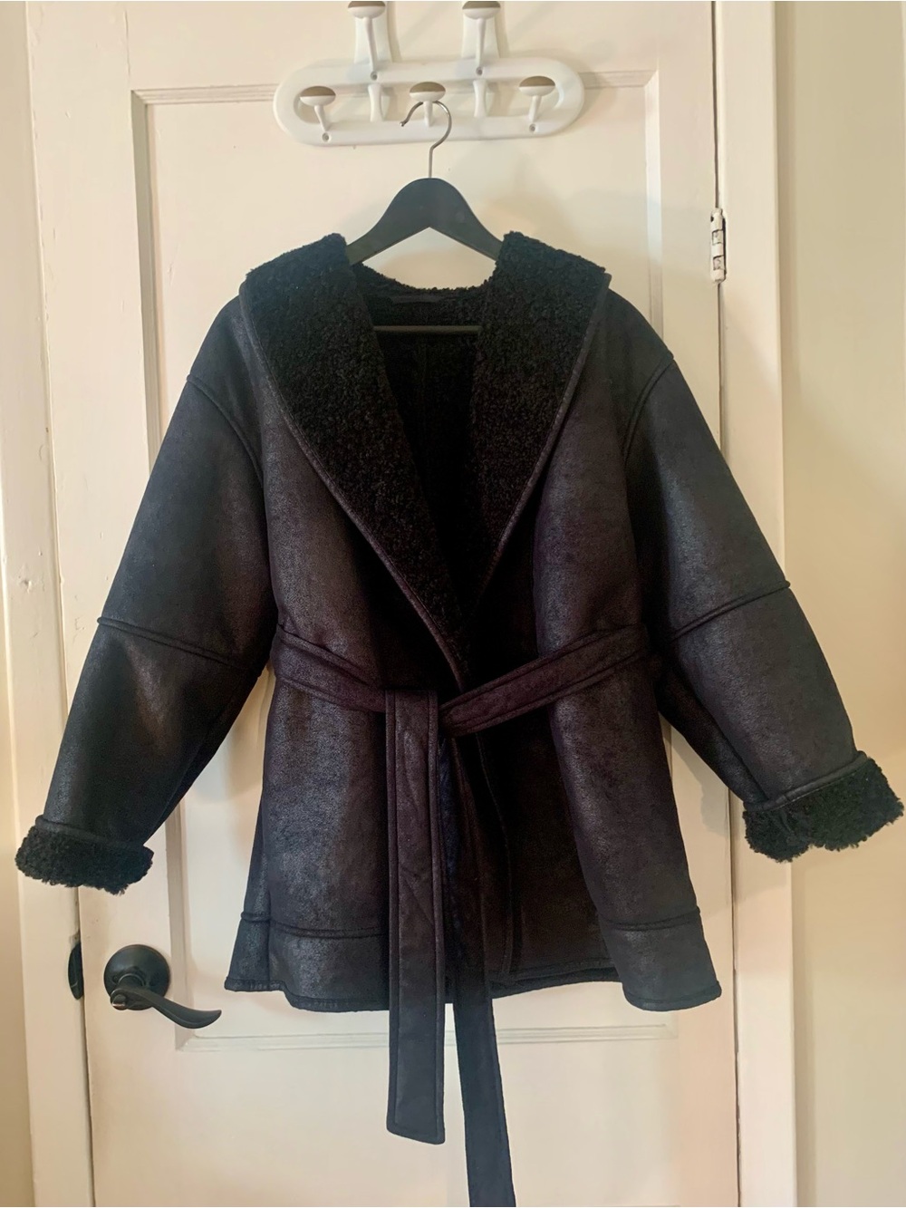 Black Faux Shearling Belted Coat - Women SZ Small